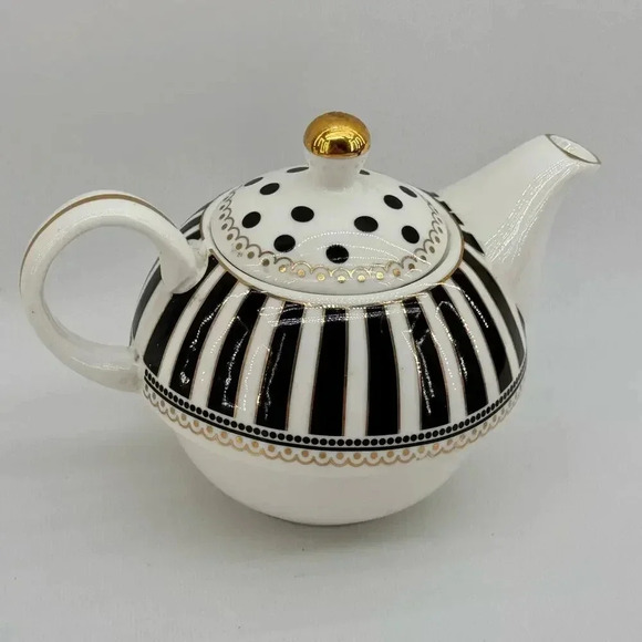 Grace Teaware Black Josephine Stripes & Dots Fine Porcelain Teapot Replacement - Picture 2 of 7